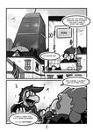  anthro avian begging bird chicken city cityscape comic dialogue duo english_text greyscale inside interview kaisertaylorproducts male monochrome panic rear_view screentone sparrow speech_bubble text workplace 