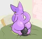  2015 animal_crossing anthro back balls bed big_butt bob_(animal_crossing) butt cat dildo dildo_sitting feline fluffyfrumples fur hindpaw insertion inside kneeling male mammal masturbation nintendo on_bed pads pawpads paws penetration pillow poster purple_fur sex_toy toes video_games 