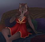 anthro bed breasts canine claws cleavage clothed clothing dress ear_piercing female fur furniture hair jewelry long_hair looking_at_viewer mammal on_bed piercing pillow sitting smile solo teeth thejinxess video_games warcraft were werewolf wolf worgen world_of_warcraft 