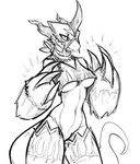  anthro bandanna big_breasts bottomless breasts clothed clothing digimon female flamedramon guoh half-dressed horn monochrome partially_clothed scalie simple_background sketch solo white_background 