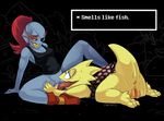  2015 alphys anus blue_scales blue_skin blush boots bottomless breasts canitees cavitees chubby clothed clothing duo ear_fins english_text eye_patch eyebrows eyewear female female/female fin fish footwear glasses hair half-dressed marine monster oral pussy red_hair scales scalie sharp_teeth teeth text undertale undyne video_games yellow_scales 