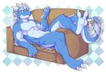  3_toes anthro claws cyber_zai dragon hindpaw lying male nude on_back paws rpadi smile sofa soles toe_claws toes 