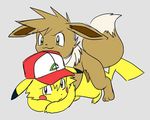  all_fours ambiguous_gender ash_ketchum ashchu blush brown_eyes brown_fur doggystyle eevee from_behind fur green_eyes hat hiti male nintendo pikachu pok&eacute;mon sex video_games yellow_fur 