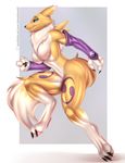  2015 3_fingers anthro arm_warmers black_sclera blue_eyes breasts canine chest_tuft claws digimon doomthewolf featureless_breasts female fox fur mammal muscular muscular_female nude renamon smile solo thick_thighs toe_claws tuft white_fur yellow_fur 