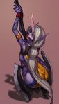 2015 anthro axe ball_gag bdsm big_butt bondage bound breasts butt caprine clothed clothing darius_(lol) female gag hair horn humanoid league_of_legends long_hair looking_back mammal melee_weapon powergene purple_skin rope simple_background solo soraka video_games weapon white_hair 