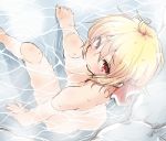  ahoge ass barefoot bathing blonde_hair blush closed_mouth from_above hair_between_eyes hair_ribbon looking_at_viewer looking_up natsu_no_koucha nude red_eyes red_ribbon ribbon rumia short_hair sketch smile solo touhou water wet 