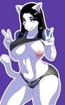  anthro big_breasts blush breasts cakewasgood clothing double_v_sign ear_piercing feline female fur looking_at_viewer mammal panties piercing purple_background shirt shirt_lift solo tuft underwear v_sign 