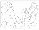  2002 anthro digimon drhoz erection feline fur group group_sex hair imminent_sex leomon line_art lion male male/male mammal monochrome nanaki nude penis sex simple_background threesome weregarurumon white_background 