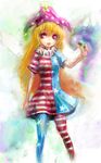  american_flag_dress american_flag_legwear arm_at_side blonde_hair blush breasts clownpiece dress eyelashes fairy_wings hand_up hat hiepita_(1014) highres jester_cap long_hair looking_to_the_side multicolored multicolored_background pantyhose parted_lips purple_eyes short_dress short_sleeves small_breasts smile solo striped striped_dress torch touhou wings 