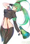  bouncing_breasts breasts gloves green_eyes green_hair hatsune_miku highres hips large_breasts long_hair looking_at_viewer megaphone midriff mukka safety_pin simple_background single_glove smile solo thighs twintails vocaloid white_background 