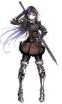  black_gloves black_hair blue_eyes boots breastplate commentary_request full_body gloves greaves hand_on_hip mugenshiki original shorts shorts_under_skirt solo sword thigh_boots thighhighs weapon white_background 