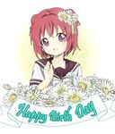  akakokko akaza_akari double_bun flower hair_flower hair_ornament happy_birthday looking_at_viewer nanamori_school_uniform open_mouth purple_eyes red_hair school_uniform serafuku smile solo upper_body yuru_yuri 