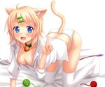  ahoge all_fours animal_ears bad_id bad_pixiv_id bell blonde_hair blue_eyes blush breasts cat_ears cat_tail fang fast-runner-2024 hair_ornament hairclip heart heart-shaped_pupils jingle_bell kagamine_rin looking_at_viewer medium_breasts nipple_slip nipples open_clothes open_mouth open_shirt panties shirt solo symbol-shaped_pupils tail thighhighs toy underwear vocaloid white_legwear white_panties wool 