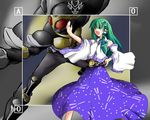  1girl blue_skirt crossover frog_hair_ornament green_hair hair_ornament henshin henshin_pose highres kamen_rider kamen_rider_agito kamen_rider_agito_(series) kazami_shirou_(kaizou-zumi) kochiya_sanae parody pose rider_belt skirt snake_hair_ornament touhou 