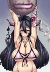  antenna_hair armpits arms_up bandaged_arm bandages bangs bikini black_hair bokuso bottomless breasts cleavage collarbone crescent danua draph granblue_fantasy groin hair_between_eyes horn_ornament jewelry large_breasts long_hair looking_at_viewer navel necklace out-of-frame_censoring pink_eyes purple_skin sagging_breasts sideboob skindentation solo swimsuit underboob very_long_hair 