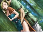  1girl against_tree bianca blonde_hair braid breasts cleavage crimson_comics dragon_quest dragon_quest_v grey_eyes hand_under_clothes medium_breasts one_eye_closed open_mouth tree 