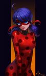  ahoge ankkoyom artist_name bad_id bad_pixiv_id blue_eyes blue_hair bodysuit breasts highres ladybug_(character) long_hair looking_at_viewer marinette_dupain-cheng mask medium_breasts miraculous_ladybug parted_lips polka_dot simple_background solo twintails 