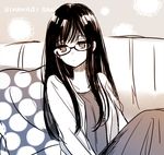  black_hair character_name collarbone copyright_name couch expressionless glasses himawari-san himawari-san_(character) long_hair long_skirt looking_at_viewer looking_away monochrome official_art pillow polka_dot polka_dot_pillow sitting skirt solo sugano_manami sweater very_long_hair 