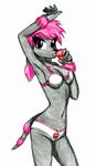  anthro bikini breasts canine cleavage clothed clothing female fur grey_fur hair mammal midriff pechos pink_hair pose purple_eyes roythefurry simple_background solo swimsuit tetas traditional_media_(artwork) white_background white_sclera 