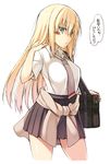  adapted_costume alternate_costume bag bismarck_(kantai_collection) blonde_hair blue_eyes blush breasts clothes_around_waist hand_in_hair hat highres jacket_around_waist kantai_collection long_hair looking_at_viewer medium_breasts necktie no_legwear oota_yuuichi open_mouth pleated_skirt school_bag school_uniform simple_background skirt solo tied_jacket white_background 