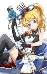  amai-tapioca ayase_eli blonde_hair blue_eyes cafe_maid detached_collar dress gloves hair_ornament happy_birthday kneehighs long_hair love_live! love_live!_school_idol_project ponytail solo strapless strapless_dress thighhighs 