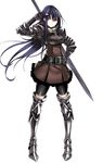  armor armored_boots black_gloves black_hair blue_eyes boots breastplate collar commentary_request full_body gloves greaves grey_footwear hair_ornament hairclip hand_on_hip long_hair metal_boots mugenshiki shorts shorts_under_skirt solo sword sword_world sword_world_2.0 thigh_boots thighhighs very_long_hair weapon white_background 