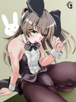  animal_ears arm_support blush bow bowtie breasts brown_hair bunny_ears bunny_girl bunnysuit detached_collar ear_tug green_eyes highres kantai_collection kumano_(kantai_collection) long_hair looking_at_viewer open_mouth pantyhose sitting small_breasts solo tsukineko wrist_cuffs 
