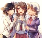  3girls :d bangs black_hat black_skirt blonde_hair bow brown_hair collared_shirt confused dress dress_shirt girl_sandwich glasses gradient gradient_background hair_between_eyes hair_bow hair_over_shoulder hat hat_bow holding kaede_(mmkeyy) long_hair long_sleeves looking_at_another maribel_hearn mob_cap multiple_girls neck_ribbon necktie open_mouth plaid plaid_skirt pleated_skirt purple_dress red-framed_eyewear red_neckwear red_ribbon red_skirt ribbon sandwiched shirt short_hair skirt smile sweat swept_bangs time_paradox touhou twintails usami_renko usami_sumireko white_bow white_hat white_shirt 