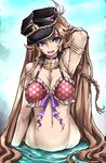  bikini bokuso bottomless braid breasts choker cleavage granblue_fantasy groin hat large_breasts lavender_eyes lecia_(granblue_fantasy) light_brown_hair long_hair navel open_mouth partially_submerged pink_bikini polka_dot polka_dot_bikini polka_dot_swimsuit single_braid smile solo swimsuit very_long_hair wading water 