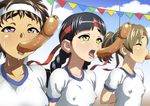  arms_behind_back braid breasts closed_eyes cloud covered_nipples day eating eating_contest food gym_uniform ha_ku_ronofu_jin headband multiple_girls original outdoors ponytail purple_eyes saliva sausage sexually_suggestive short_hair short_sleeves sky small_breasts sports_festival sportswear sweat tongue tongue_out twin_braids yellow_eyes 