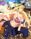  artist_request bikini bikini_top blonde_hair bracelet breasts character_request flag flag_print hat jewelry large_breasts long_hair navel one_eye_closed open_mouth print_bikini sengoku_bushouki_muramasa shiny shiny_skin ship skindentation smile solo strap_gap swimsuit top_hat union_jack very_long_hair watercraft 