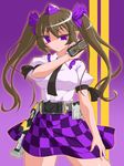  belt black_wings bow brown_hair cellphone checkered checkered_skirt crossover hair_bow hat henshin henshin_pose highres himekaidou_hatate kamen_rider kamen_rider_555 kamen_rider_kaixa necktie parody phone pose purple_eyes rider_belt skirt solo touhou tsukushi_(741789) twintails weapon wings 