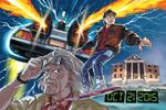  back_to_the_future blue_eyes brown_hair building commentary_request dated delorean denim electricity emmett_brown fire grey_hair highres hover_board jacket jeans looking_at_viewer marty_mcfly mujun_kamen multiple_boys pants school 
