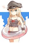  bismarck_(kantai_collection) blonde_hair blue_eyes blush_stickers hat highres innertube kantai_collection long_hair navel oota_yuuichi peaked_cap scrunchie solo swimsuit wrist_scrunchie younger 