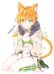  animal animal_ears animal_on_lap bad_id bad_pixiv_id bandaged_arm bandages bell bell_choker bikini_top bracelet breasts cat cat_ears choker cleavage closed_mouth fang full_body fur_trim green_eyes hair_between_eyes heterochromia hoshizora_rin jacket jewelry kemonomimi_mode leg_warmers looking_at_viewer love_live! love_live!_school_idol_project orange_hair paw_print piyo_(ppotatto) shoes short_hair sitting small_breasts smile solo striped striped_legwear white_background 