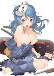  angry barefoot blue_eyes blue_hair blush breasts cork_gun double_bun feet fox_mask highres japanese_clothes jonsun kantai_collection kimono large_breasts long_hair looking_at_viewer mask open_mouth revision simple_background sitting solo toes torn_clothes urakaze_(kantai_collection) wariza white_background yukata 