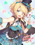  2015 ;d ayase_eli bare_shoulders blonde_hair blue_eyes dated happy_birthday hat love_live! love_live!_school_idol_project momoko_(momopoco) monocle one_eye_closed open_mouth phantom_thief_erichika ponytail signature skirt smile solo top_hat wrist_cuffs 