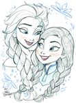  anna_(frozen) braid elsa_(frozen) eye_contact frozen_(disney) highres looking_at_another monochrome multiple_girls siblings single_braid sisters tom_bancroft twin_braids upper_body 