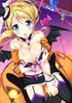  ayase_eli bat_wings blonde_hair blue_eyes blush breasts cleavage halloween hat jack-o'-lantern kouzuki_hajime large_breasts long_hair love_live! love_live!_school_idol_project mini_hat mini_witch_hat open_mouth ponytail pumpkin smile solo thighhighs wardrobe_malfunction wings witch_hat 