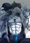  abs anthro bigger_version_at_the_source black_fur blue_eyes blush bulge chest_tuft claws clothing discordnight dog_tags fur guangyan_(artist) handcuffs hat male mammal muscular nude open_pants open_shirt pants pecs precum sergal shackles shirt solo sweat tongue tongue_out tuft underwear white_fur 