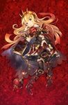 armor bangs belt blonde_hair boots bow bracelet brooch cagliostro_(granblue_fantasy) cape flower full_body granblue_fantasy hairband head_tilt jewelry kawakami_shuuichi knee_boots long_hair lying md5_mismatch on_back parted_lips purple_eyes red_background red_bow red_cape red_skirt ring rose skirt solo spiked_hairband spikes test_tube thighhighs 