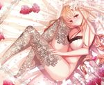 bad_anatomy bangs bed bed_sheet bianca blonde_hair blush bottomless bra braid breasts cleavage dragon_quest dragon_quest_v flower frills hair_flower hair_ornament lace lace_legwear large_breasts long_hair looking_at_viewer lying modern_afro no_shoes on_side petals pink_flower pink_rose red_eyes rose solo thighhighs underwear veil very_long_hair white_flower 