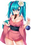  absurdres aqua_eyes aqua_hair bad_id bad_pixiv_id blush bracelet breasts cleavage cowboy_shot flower hachune_miku hair_flower hair_ornament hatsune_miku highres japanese_clothes jewelry large_breasts long_hair looking_at_viewer mouth_hold multiple_girls off_shoulder revision ryuuji_teitoku simple_background striped twintails vertical_stripes vocaloid water_yoyo white_background 