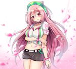  alternate_costume blush breast_rest breasts cleavage commentary_request hacka_doll hacka_doll_2 hairband highres impossible_clothes large_breasts long_hair looking_at_viewer midriff open_mouth pink_eyes pink_hair shiawase_usagi shorts smile solo 