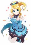  ayase_eli blonde_hair blue_eyes boots bow capelet choker confetti frilled_skirt frilled_sleeves frills hair_ornament highres kira-kira_sensation! long_hair looking_at_viewer looking_up love_live! love_live!_school_idol_project ponytail ribbon ribbon_choker skirt smile solo thighhighs totoki86 