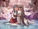  barefoot black_hair blush breasts brown_hair cherry_blossoms closed_eyes flower hair_flower hair_ornament highres indirect_kiss kantai_collection kisetsu kiss long_hair medium_breasts multiple_girls ponytail reflection sitting very_long_hair wariza water yahagi_(kantai_collection) yamato_(kantai_collection) yuri 