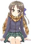  blazer blush bow brown_eyes brown_hair chestnut_mouth hair_bow half_updo highres idolmaster idolmaster_cinderella_girls jacket long_hair open_mouth plaid plaid_scarf plaid_skirt satogo scarf school_uniform sitting skirt solo tachibana_arisu 