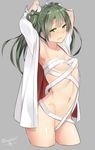  arms_up bandages blush breasts green_eyes green_hair hair_ribbon isshiki_(ffmania7) japanese_clothes kantai_collection kimono long_hair naked_bandage navel open_clothes open_kimono ribbon sarashi small_breasts solo twintails wavy_mouth zuikaku_(kantai_collection) 