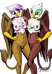  2015 anthro anthrofied areola avian beak breasts duo eye_contact female female/female friendship_is_magic gilda_(mlp) greta_(mlp) gryphon hand_on_hip hand_on_shoulder hi_res my_little_pony mysticalpha navel nipples nude pussy simple_background smile white_background wings 