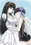  aoki_hagane_no_arpeggio black_eyes black_hair breasts cleavage cleavage_cutout closed_eyes dress elbow_gloves futaba_yodoyume gloves hair_ribbon hat large_breasts long_hair multiple_girls musashi_(aoki_hagane_no_arpeggio) ribbon shorts suspenders white_hair yamato_(aoki_hagane_no_arpeggio) 